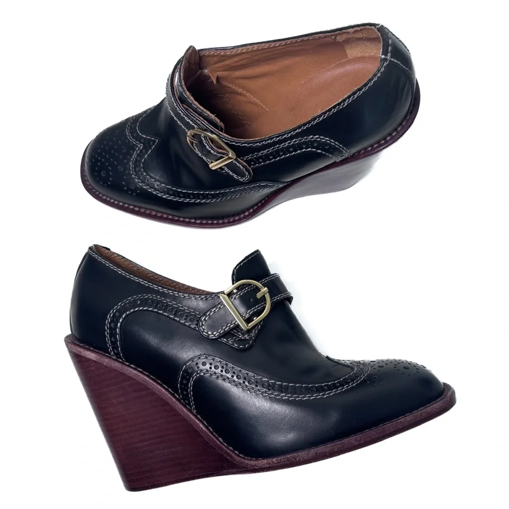 See by Chloe Black Leather Wedge Heel Brogue Oxford Loafer Shoes Size 36.5